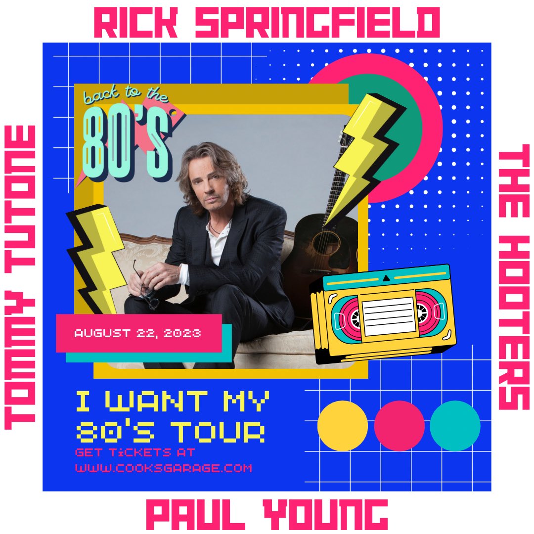 CookGarage's tweet photo. Who’s ready for the 80’s with @rickspringfield 
•
•
This is one show that you won’t want to miss! Get your tickets now at https://t.co/SxBPEc3Vce #cooksgarage #rickspringfield #thehooters #paulyoung #tommytutone #rock #rockconcert #80s #80smusic #80srock #livemusic https://t.co/Vcrqzcybun