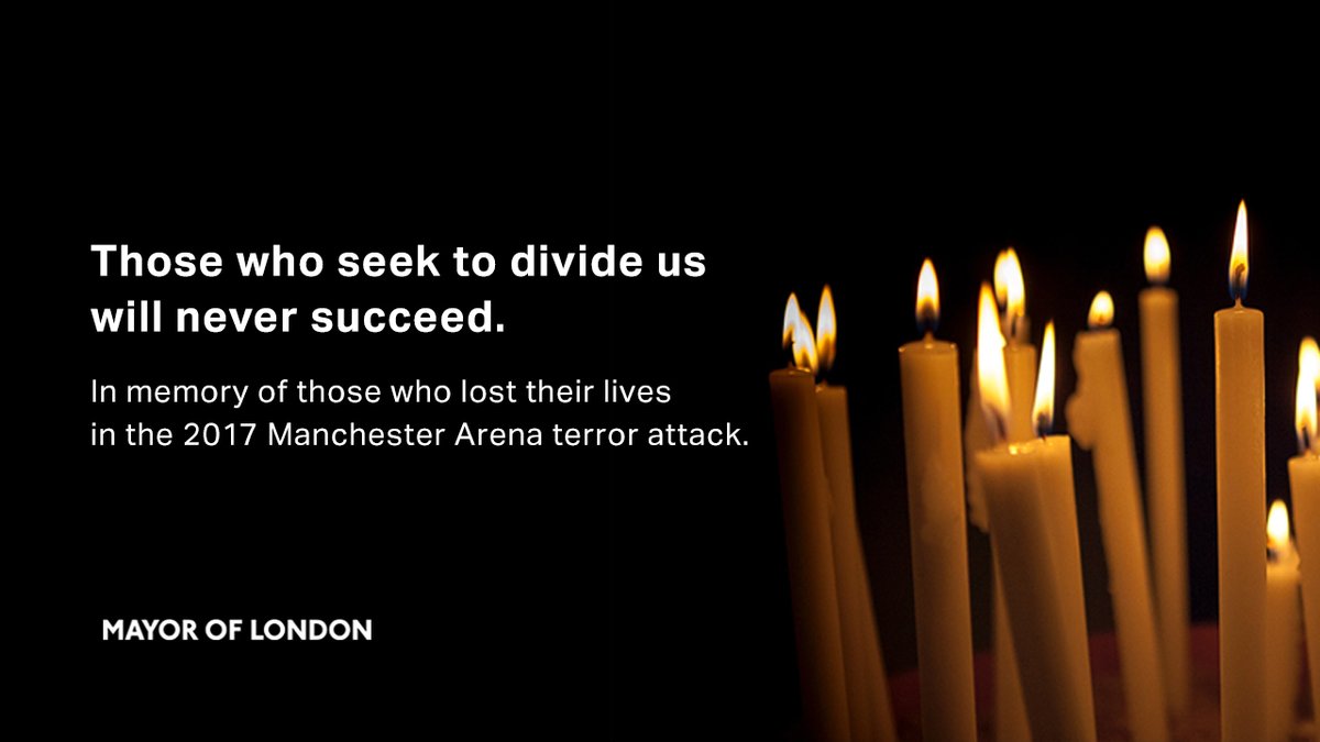 MayorofLondon's tweet photo. On the 6th anniversary of the Manchester arena bombing, my thoughts are with everyone who was impacted by the events of that terrible day. London stands with Manchester as we pay tribute to the lives that were taken by a cowardly act of terror.
#RememberingThe22 https://t.co/BoNPIByhLJ