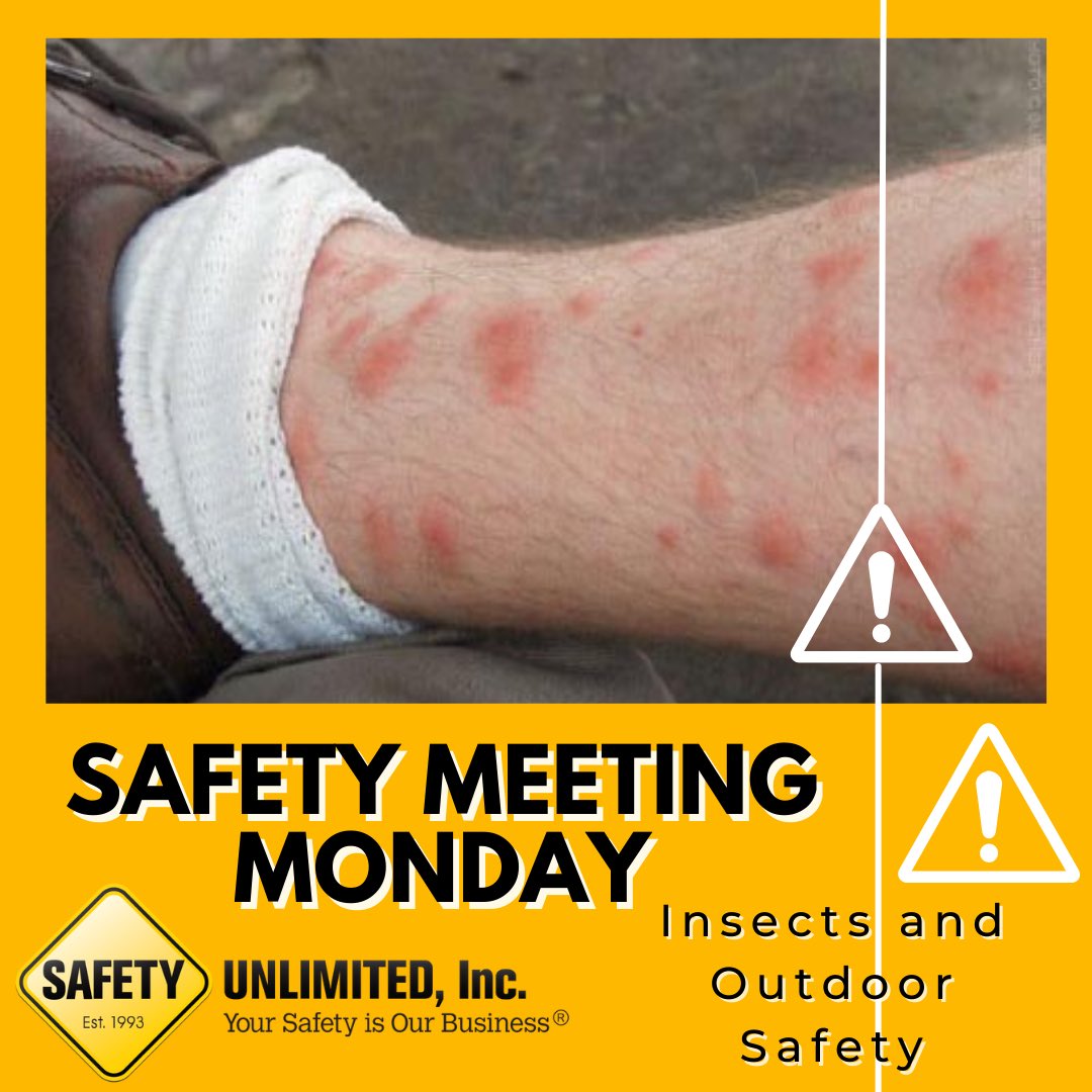 SafetyUnlimited's tweet photo. It’s Safety Meeting Monday!
This week’s topic is Insects and Outdoor Safety.  

For more information about Insects and Outdoor Safety, check out the latest Safety Meeting topic from Safety Matters Weekly. 

https://t.co/yS8k7TwnZ0

#safetyunlimited #safety #safetymattersweekly https://t.co/0fHPqDV2ZH