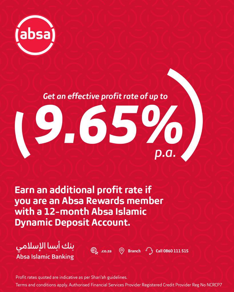 Congrats to Noesfa Isaacs

Win up to R10 000 this week with 12-month Absa Islamic Dynamic Deposit Account. Just tell us why you need to start saving and what your end goal is. Tag Voice of the Cape and use #AbsaIslamicDynamic to enter. Keep listening to VOC for details.  Ts &amp; Cs