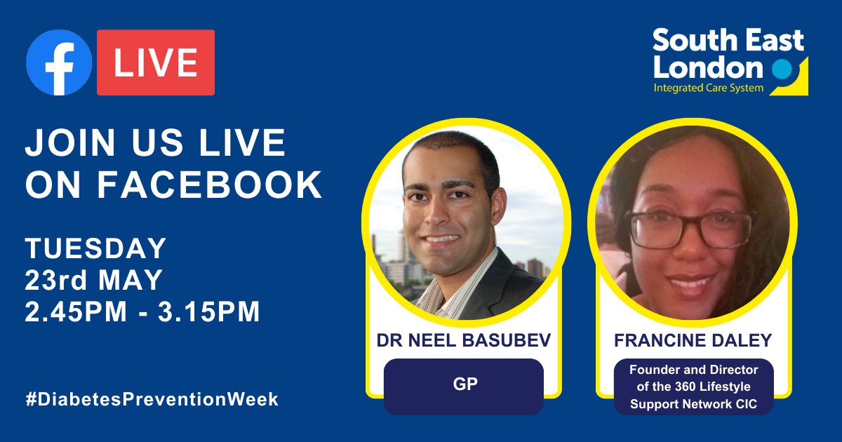 Join <a href="/SELondonICS/">South East London ICS</a> for a Facebook Live on diabetes prevention and symptoms with Dr. <a href="/neel_basudev/">Neel Basudev</a>, a #Lambeth GP, and Francine Daley, Founder &amp; Director of <a href="/360lsn/">360 Lifestyle Support Network</a>!
 
📅 Tues, 2:45- 3:15 pm

🩺Learn what services are available

👉 facebook.com/360lsn 
 
#DiabetesPreventionWeek
