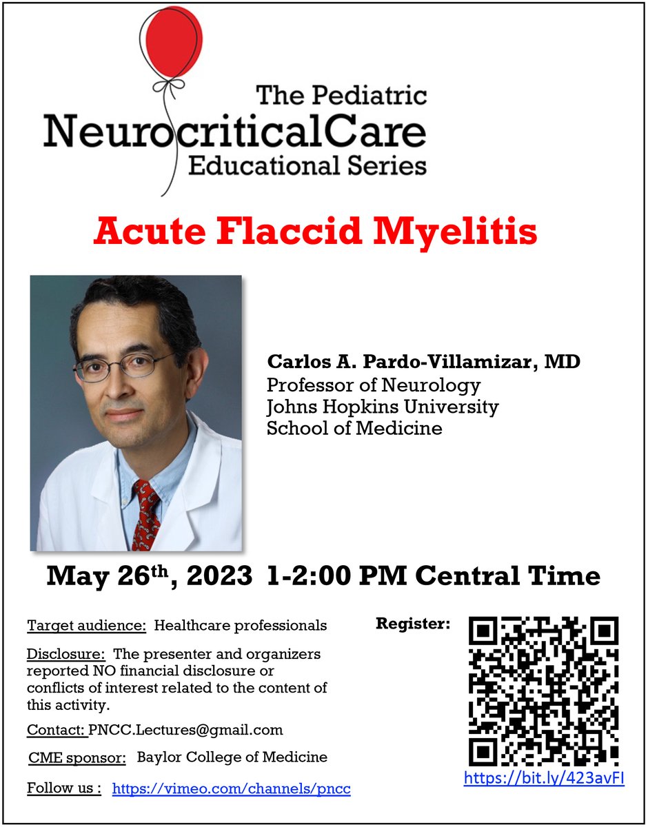 🌟#NeuroPICU Education Series🌟 Prepare for the next AFM pandemic (& sporadic cases)! Acute Flaccid Myelitis Friday May 26th, 1-2pm CST Carlos Pardo, MD - @hopkinsneurons Professor, Johns Hopkins Member, @CDCgov AFM Task Force ✅Register: bit.ly/423avFI #PedsICU