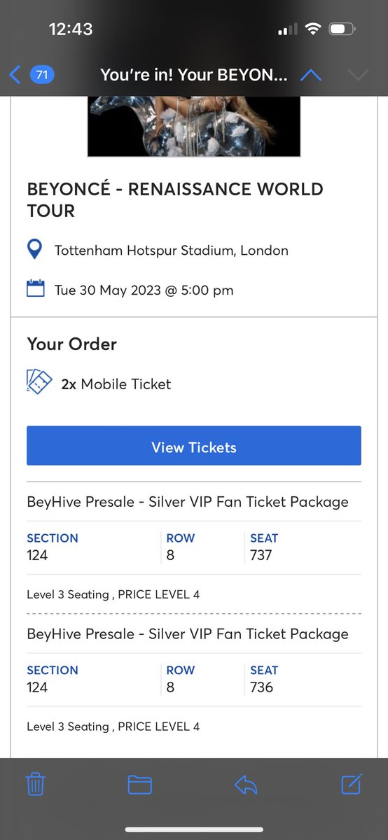 Selling 2 x Silver VIP Beyoncé tickets Tuesday 30th May, Tottenham London. DM if interested. Amazing seats.