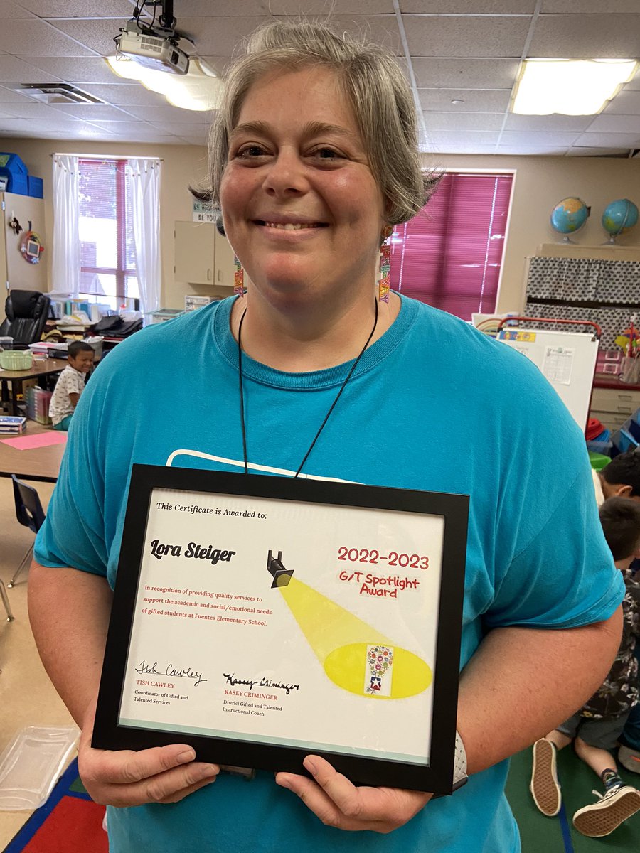 Congratulations to Lora Steiger for being awarded the Fuentes Elementary GT Spotlight! Mrs. Steiger consistently challenges her GT students!! <a href="/FESStars/">Fuentes Elem</a> <a href="/HaysCISD_GT/">Hays Gifted and Talented</a>