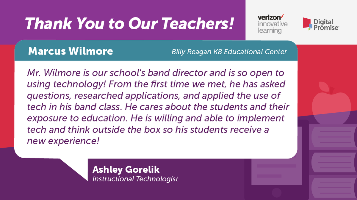 @ReaganK8_HISD band director Marcus Wilmore is 'willing and able to implement tech and think outside the box so his students receive a new experience,' says instructional technologist @AGTechEd. #TeacherAppreciationWeek #ThankATeacher #dpvils