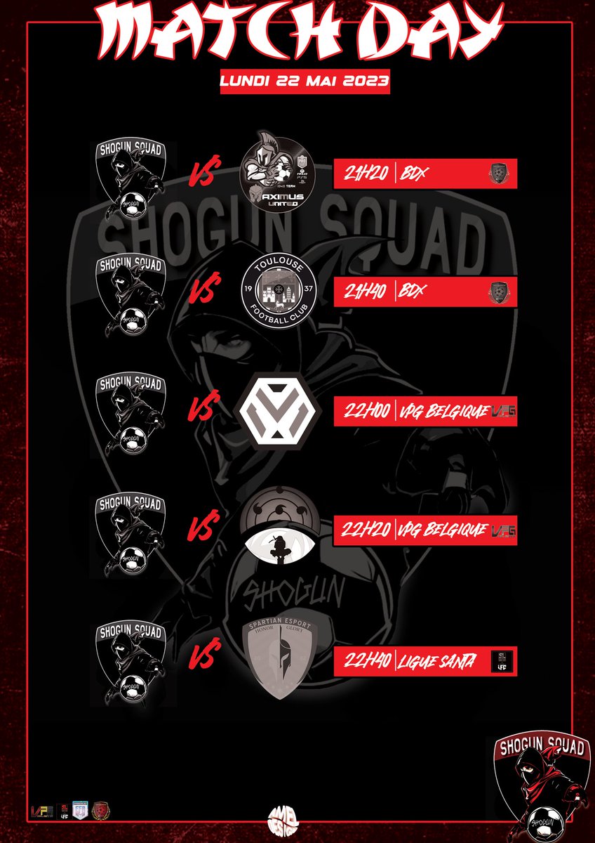 talents_11's tweet photo. [MATCH DAY 22/05]

🏆I @BDX_CHAMPIONS 

🆚️I @Maximus_United 
⌚️I 21h20

🆚️I @VSTolosa 
⌚️I 21h40

🏆I @belgique_vpg 

🆚️I @MTLK_eFoot 
⌚️I 22h00

🆚️I @ClanUchiwa_ 
⌚️I 22h20

🏆I @santa_liga 

🆚️I @SpartianeSport 
⌚️I 22h40

Semaine décisive  🔥🥷

🧑‍🎨@AmelDesign_ https://t.co/J9p5jKjylh