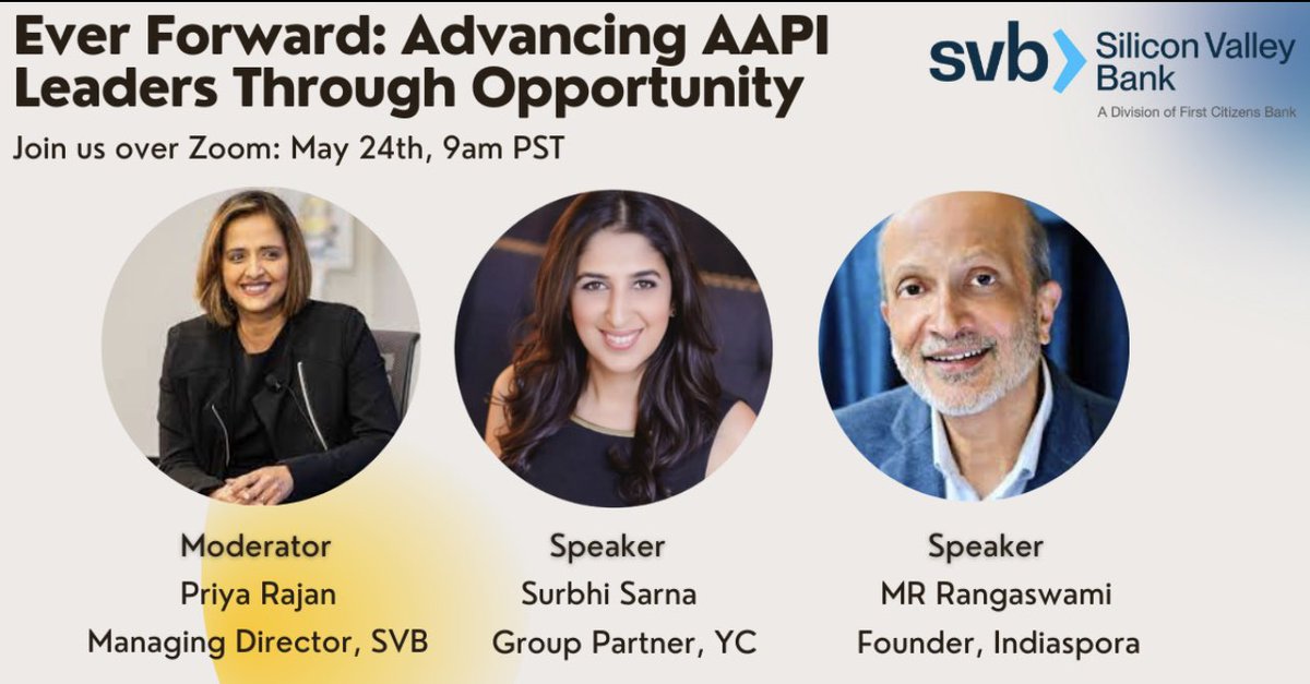 Priya Rajan (@priyarangarajan) on Twitter photo Celebrating #AAPIHeritageMonth! Join me, <a href="/SurbhiSarnaSF/">Surbhi Sarna</a> , Group Partner at <a href="/ycombinator/">Y Combinator</a> and <a href="/mrsandhill/">MR Rangaswami</a> - they will be sharing their life and career journeys!
May 24th 9 am PST via Zoom!
Register at lnkd.in/gtwffjJF Celebrating #AAPIHeritageMonth! Join me, <a href="/SurbhiSarnaSF/">Surbhi Sarna</a> , Group Partner at <a href="/ycombinator/">Y Combinator</a> and <a href="/mrsandhill/">MR Rangaswami</a> - they will be sharing their life and career journeys!
May 24th 9 am PST via Zoom!
Register at lnkd.in/gtwffjJF