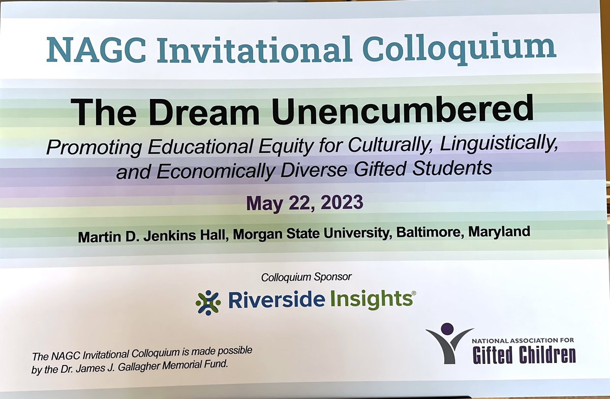 Thank you to @MorganStateU for hosting today’s @NAGCGIFTED Invitational Colloquium “The Dream Unencumbered” and the important conversation on promoting #equity in #gifted education. #GiftedEd #GiftedMinds #diversity