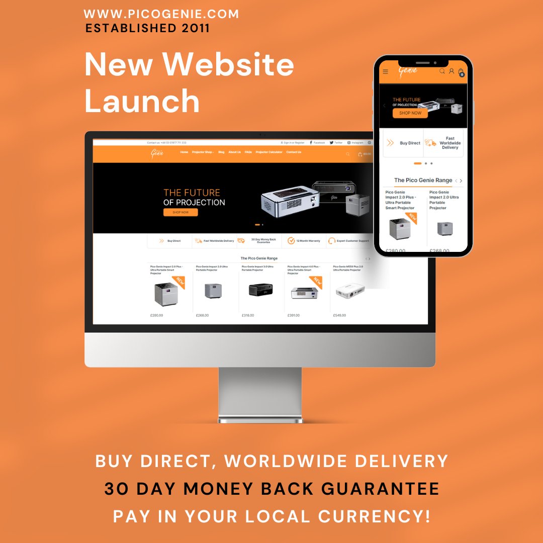picogenie's tweet photo. We're thrilled to launch our new website, https://t.co/42xaEzJTPi! 

Buy direct for a hassle-free experience, enjoy a 30-day money-back guarantee, worldwide delivery, and pay in your currency. 

#picogenie #projectors #portableprojectors https://t.co/wXJoe1nzKV