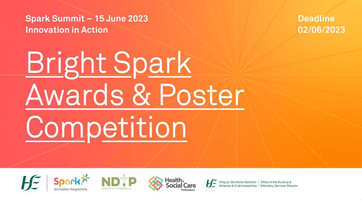 @ProgrammeSpark are now taking applications for this years Bright Spark Awards and Poster Presentation 💡✨ There are a range of categories and you can enter here: hse-ie.libwizard.com/id/2cd0dd8a337… One of which is Best in People and Culture Change - get your entries in by 2nd June 2023…