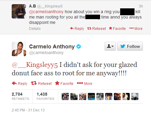 DragonflyJonez's tweet photo. Can't overstate how big a moment this was. This was 2013. Celebs weren't getting in the trenches on twitter like that back then. Melo and Rihanna were the lone Spartans on twitter taking on the masses back then. Melo ran so KD could fly. https://t.co/Gayx2Gj0il