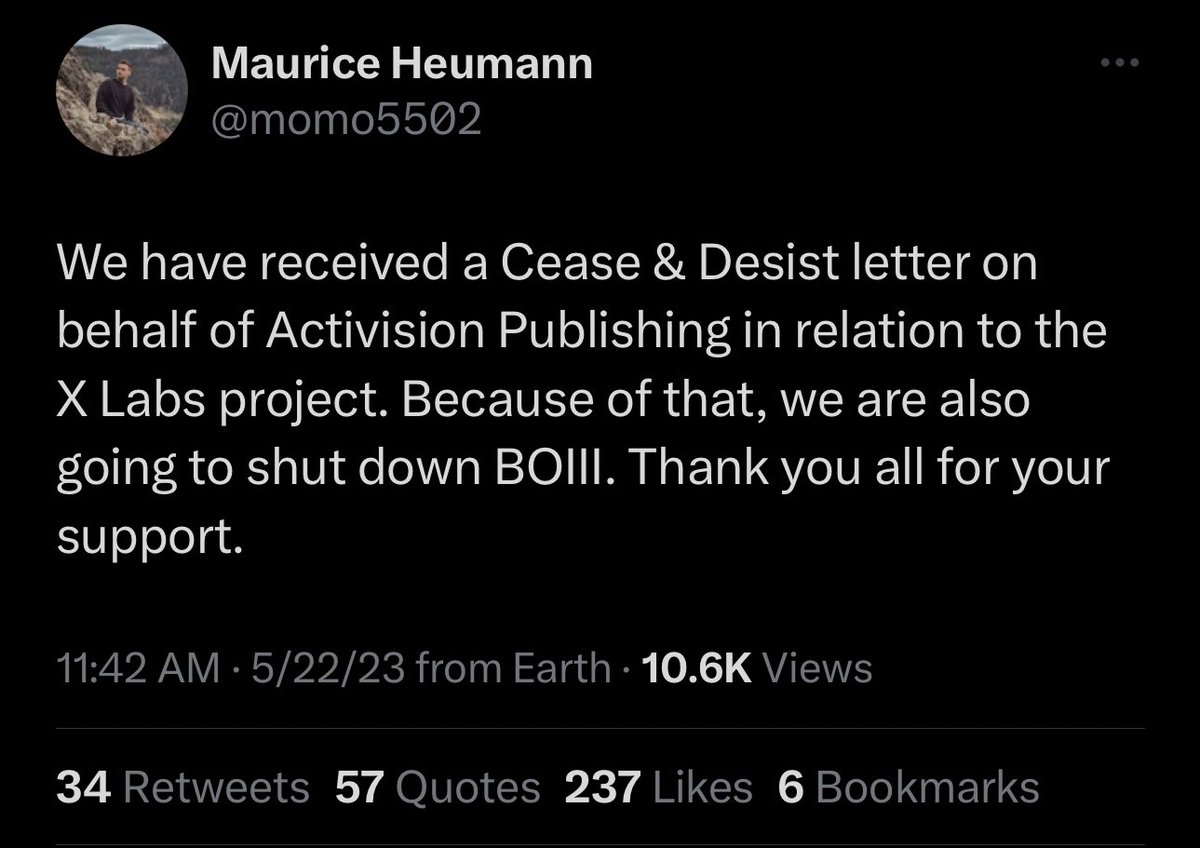 ModernWarzone's tweet photo. Activision has shut down another community made Call of Duty project called XLabs with a cease and desist. 

This client allowed people to play modded versions of previous COD titles like Black Ops 3.

Last week SM2 was also shut down by a cease and desist. https://t.co/kKctHO4Kmu