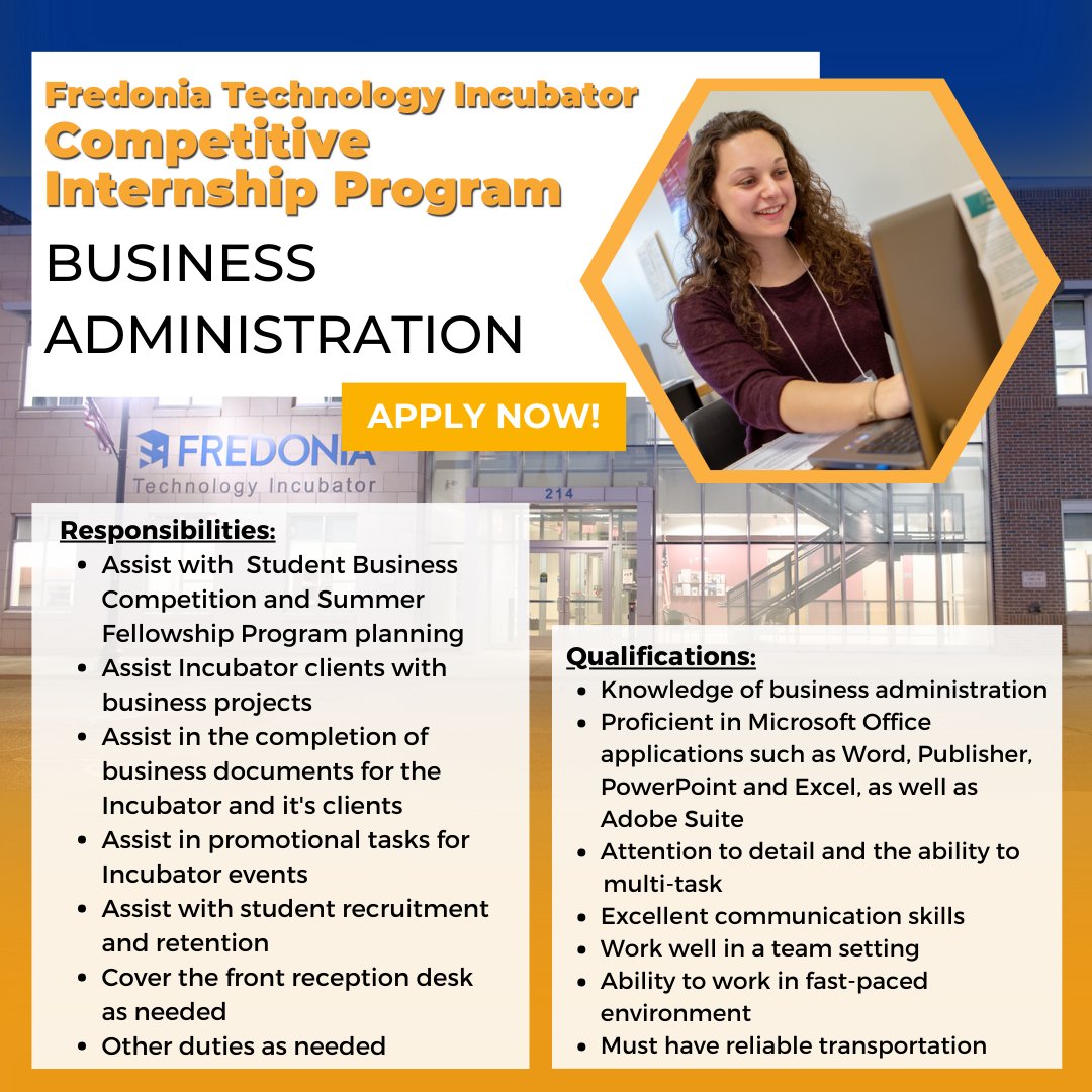 Fredonia_CIED's tweet photo. Looking for an engaging internship this Fall semester?
Look no further! The FTI is seeking SIX interns from a variety of majors for multiple positions! 👀
Contact Lauri Gawronski at lauri.gawronski@fredonia.edu to join the Fredonia Technology Incubator team today! 😎 https://t.co/MXYvedWoSc