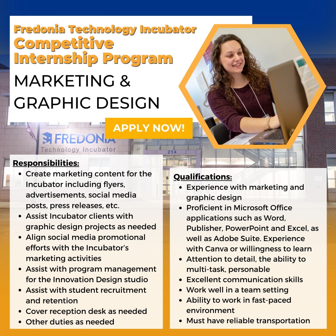 Fredonia_CIED's tweet photo. Looking for an engaging internship this Fall semester?
Look no further! The FTI is seeking SIX interns from a variety of majors for multiple positions! 👀
Contact Lauri Gawronski at lauri.gawronski@fredonia.edu to join the Fredonia Technology Incubator team today! 😎 https://t.co/MXYvedWoSc