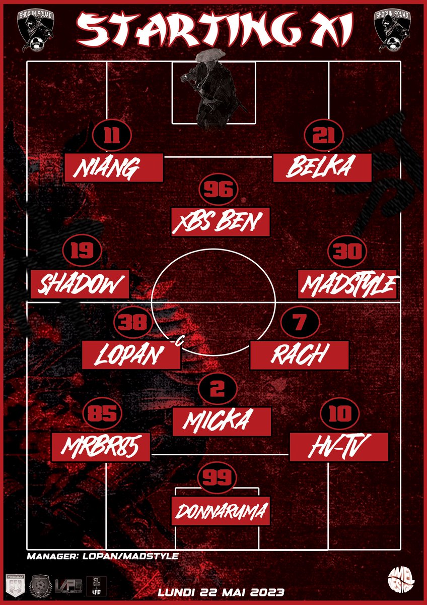 talents_11's tweet photo. [Line UP ] #FIFA23 #ProClubs 

Et pour accompagner ce programme décisif ..

Le 11 du soir pour nos ninjas ! 🥷

Live on🎥 : https://t.co/x8wHeOzZ78
Start ⚡  : 21h20   

🧑‍🎨@AmelDesign_ 

 #ShogunSquad #VPG #VPGBelgique #SantaLiga #BDX https://t.co/n8GblltR7k