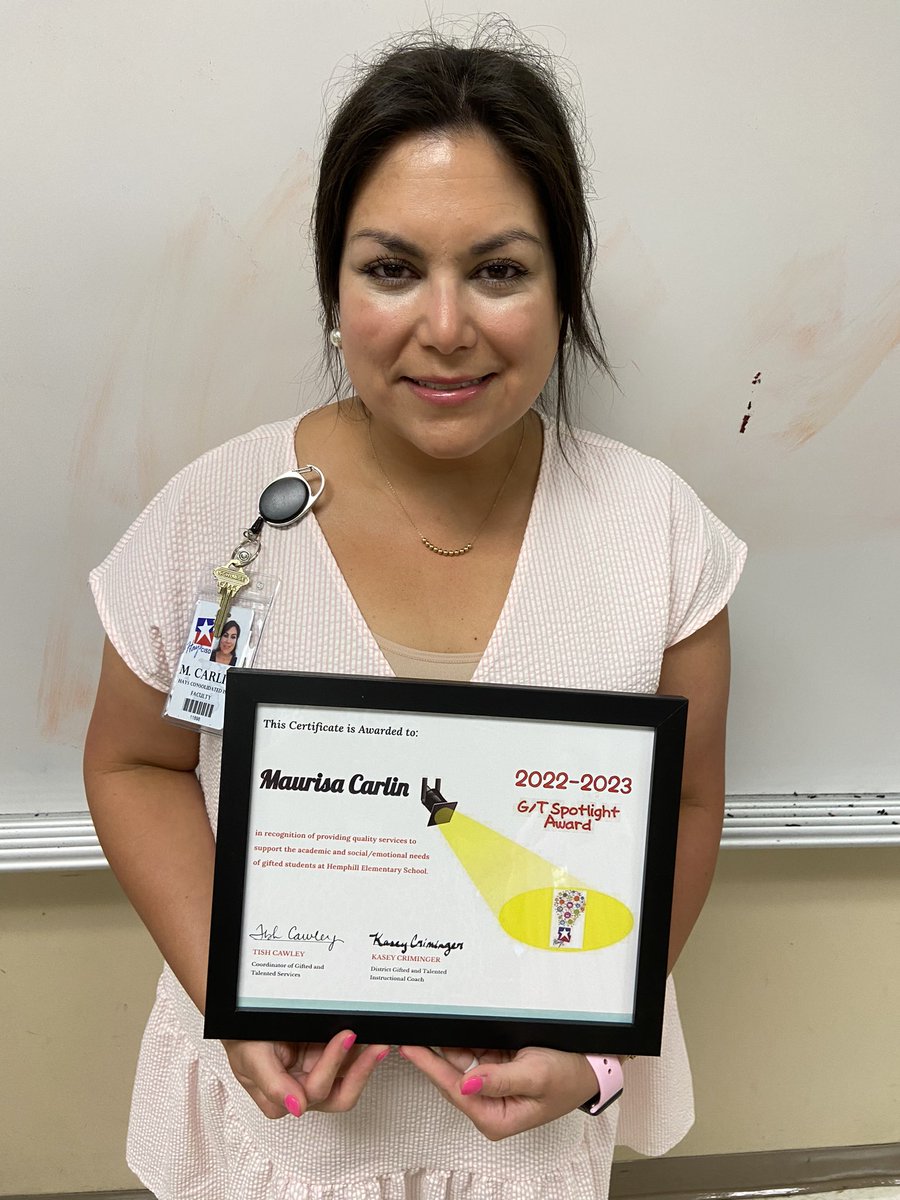 Congratulations to Maurisa Carlin for being awarded the Hemphill GT Spotlight! Ms. Carlin helped facilitate GT projects and coordinated the campus IDEAS Showcase. <a href="/HemphillHawks/">Hemphill Elementary School</a> <a href="/HaysCISD_GT/">Hays Gifted and Talented</a>