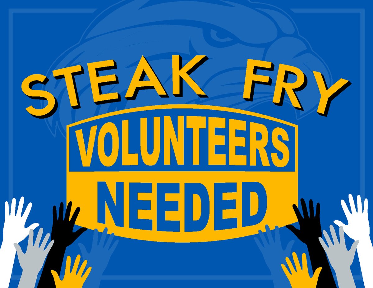 Volunteers needed for the Steak Fry Fundraiser which is our largest source of funding for the Jr Skyhawk program.

We will need help with donations, setup and take down, food prep, decor and much more!

If interested, please reach out to Kami (847-668-0705) or Val (815-790-4234)