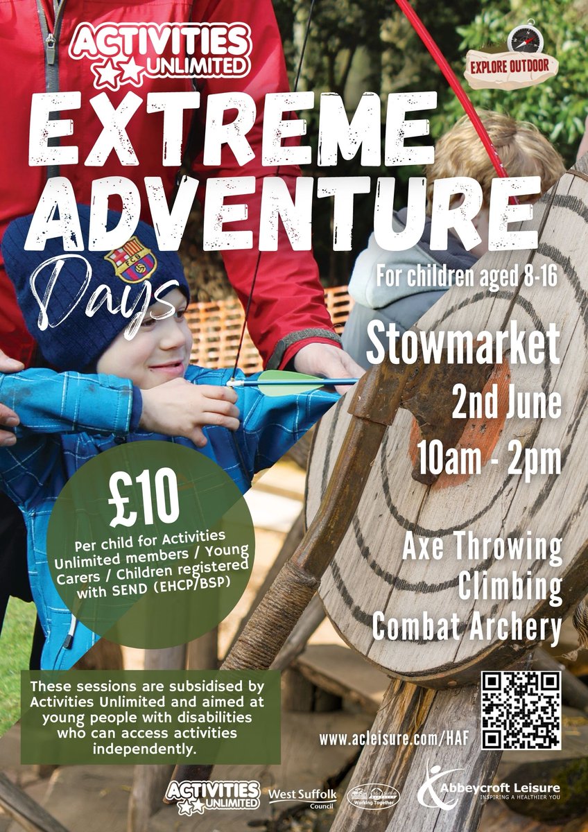 <a href="/ExploreOutdoor_/">Explore Outdoor</a> are running an "Extreme Adventure Day" in Stowmarket on 2nd June, including axe throwing, climbing and archery! £10 per child for young people with SEND (attendees must be able to access activities independently), for more info visit acleisure.com/HAF
