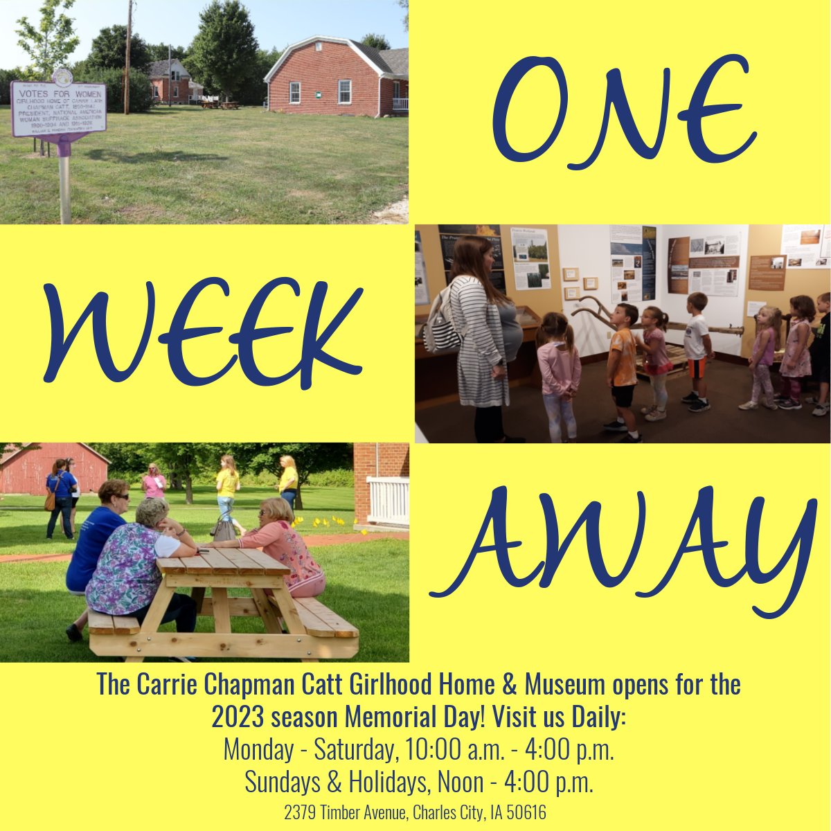 The #CattMuseum opens for the 2023 season in 1 week! Open daily from Memorial Day to Labor Day. Our FREE museum is a great opportunity to learn about the history of suffrage, the 19th Amendment and suffragist Carrie Chapman Catt who grew up by #CharlesCityIA #ThisIsIowa #MWtravel