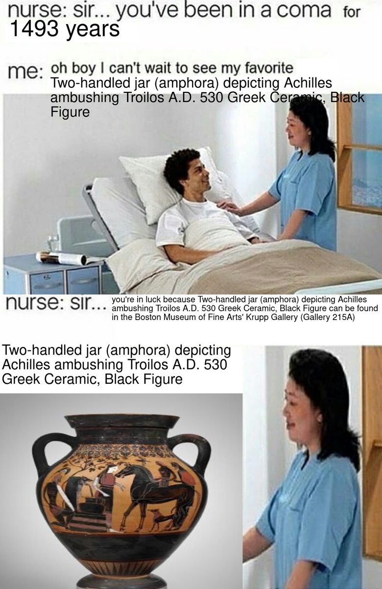 Two-handled jar (amphora) depicting Achilles ambushing Troilos A.D. 530 Greek Ceramic, Black Figure