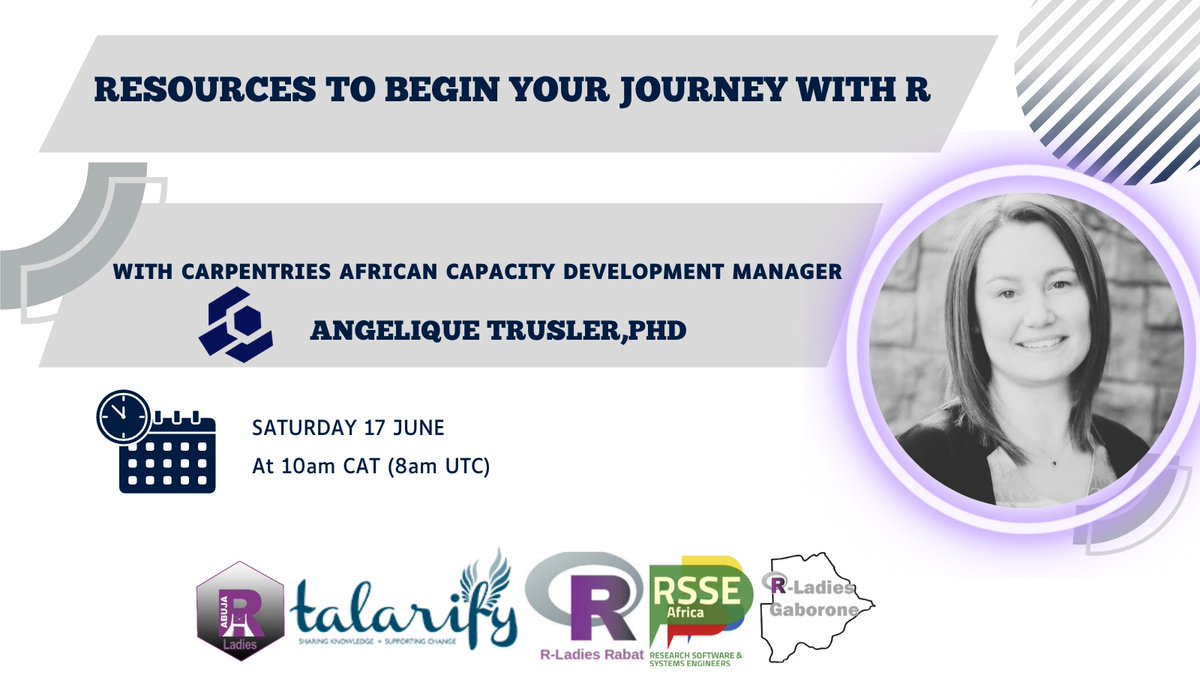 Are you interested in discovering different resources to begin your journey with #R ?  
Join @RLadiesGaborone, @RLadies_Rabat, RLadies Abuja, @RsseAfrica, @Talarify & @thecarpentries for an exciting event with @AngeliquePhd
↗️More info: bit.ly/3IxlyAb 
#RLadies #RStats