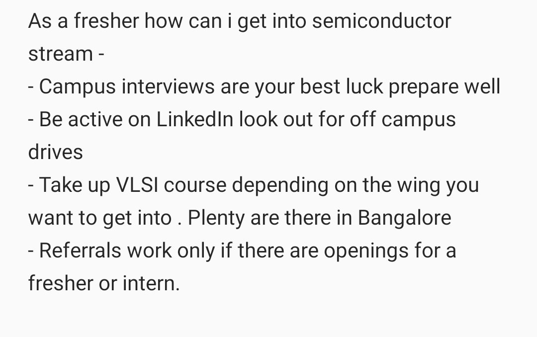 Sanjana_M6's tweet image. Answering few frequently asked questions in DM and the secret message box
I hope I have answered all your doubts
Best wishes to everyone planning to take up this exiting career path 
#semiconductor #Corporate #PhysicalDesign #AnalogDesign #Verification #Testing #Chipdesign #Chip