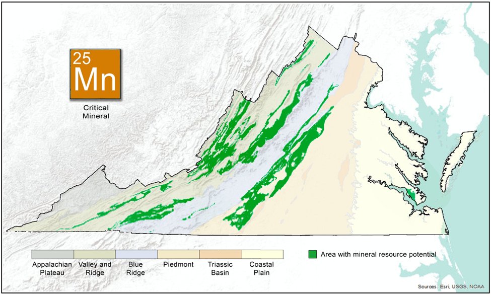 Did you know #Virginia is home to various #CriticalMinerals needed for the industry? This map shows areas of the Commonwealth with resource potential for #manganese, which is a hard metal mainly used in steel production. tinyurl.com/criticalMn #MappingMonday #VirginiaEnergy