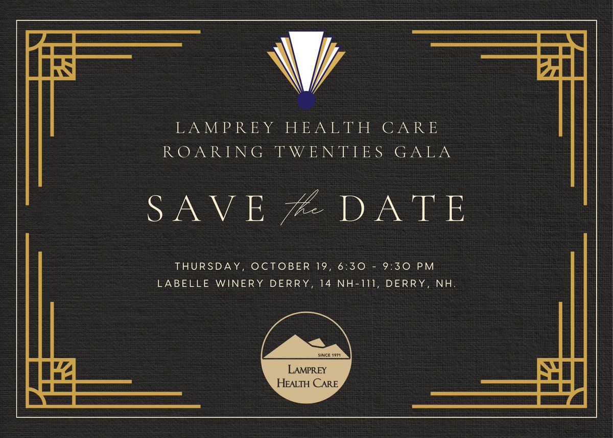LampreyHealth's tweet photo. SAVE THE DATE
October 19
Lamprey Health Care's annual Gala will be held on Thursday, October 19 at the LaBelle Winery in Derry, NH. The theme this year is The Roaring 20s. More info soon.

#fundraising #healthcare #FQHC #SaveTheDate #Roaring20s https://t.co/tlyMWCoaZv