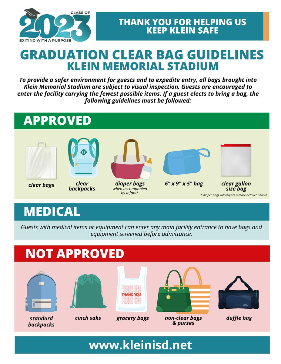 Graduation week is here! 🎓 🎉 View our graduation clear bag guidelines to help make the stadium entry process a piece of cake. 🍰 See more info about the Class of 2023 graduations here: kisd.us/graduation