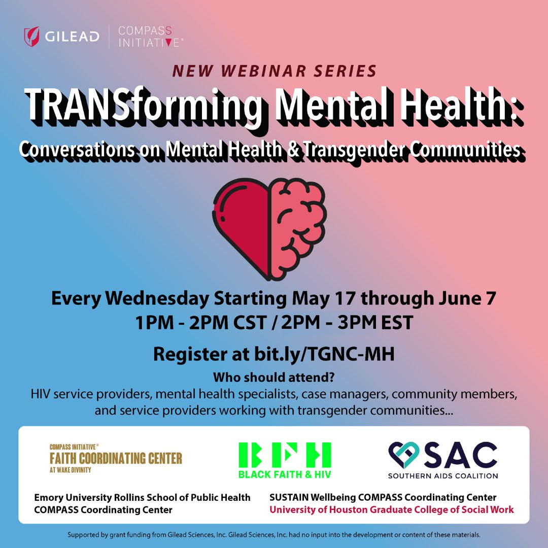 Join us this #MentalHealthMonth for virtual community conversations hosted by COMPASS. Dive into the TRANSforming Mental Health webinar series, illuminating mental health services for transgender communities. 

Register today: bit.ly/TGNC-MH