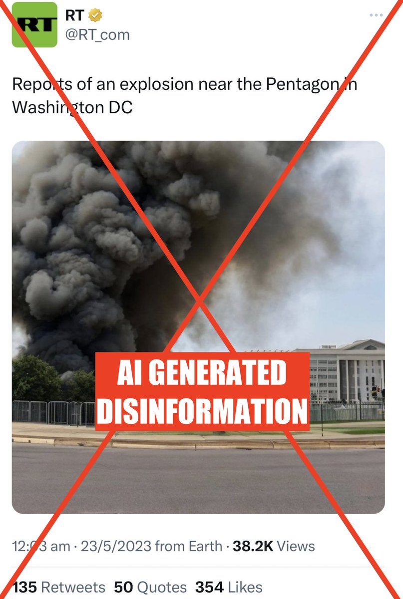 This morning blue check accounts accounts claimed large explosions at the Pentagon. ... then the White House. Russian state media amplified the faked Pentagon image from their gold check account. The images look AI generated, as folks identified. 1/