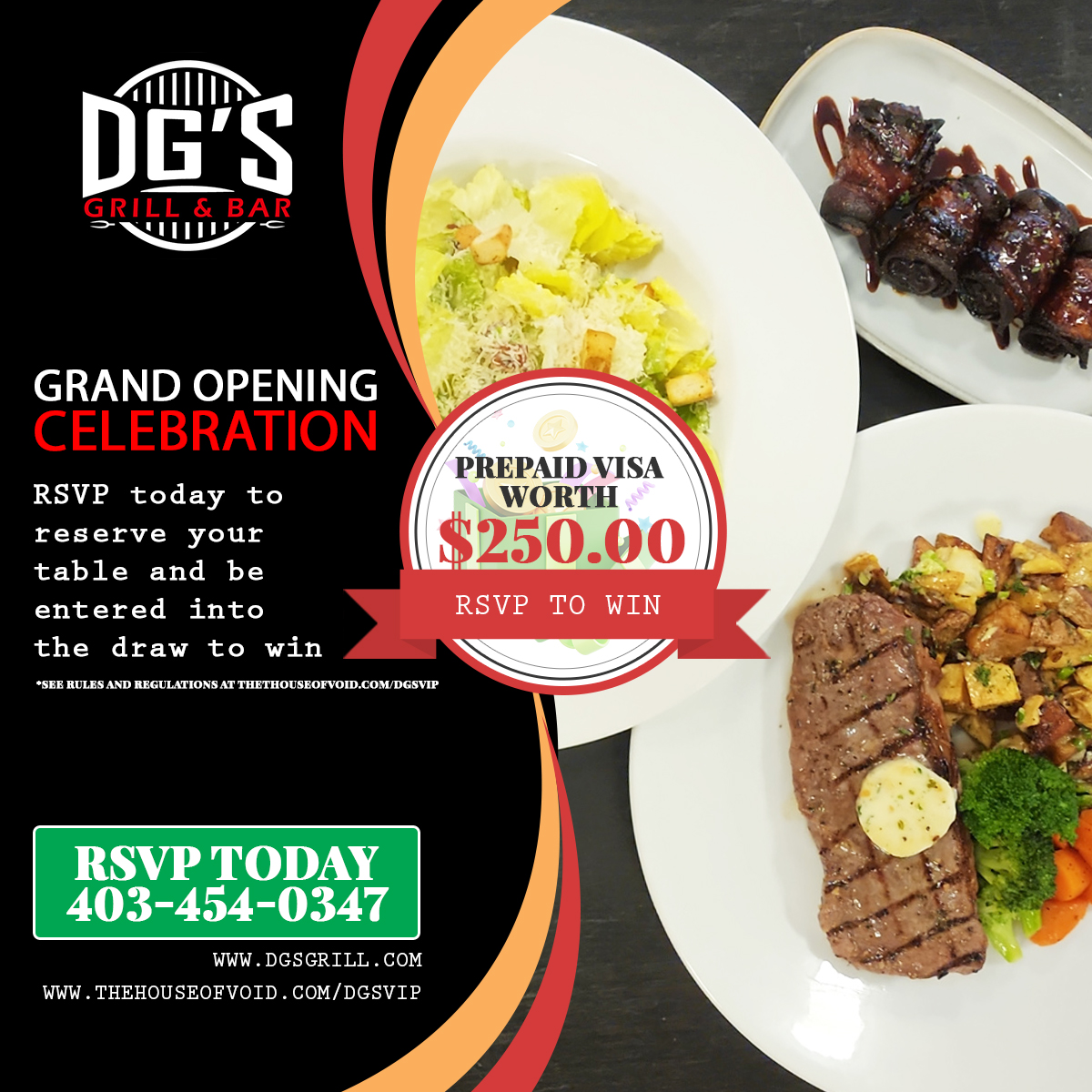 🎉 Join the celebration at DG's Grill and Bar! 🌟 Enter our Grand Opening Contest for a chance to win big! Don't miss out – RSVP now: thehouseofvoid.com/dgs-celebratio… #CalgaryFood #YYCFood #CalgaryFoodies #YYCEats #CalgaryRestaurants #CalgaryDining #YYCFoodie #CalgaryFoodBlogger
