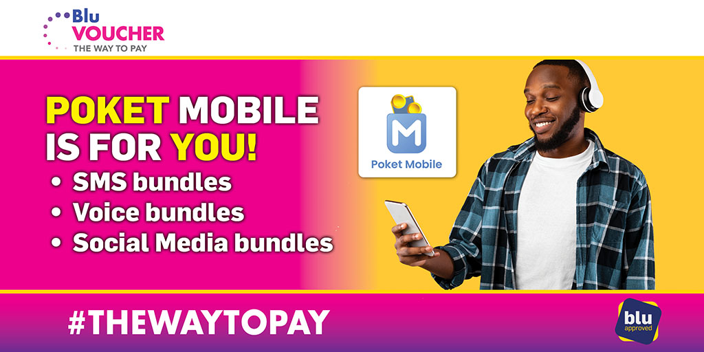 BluVoucher's tweet photo. L๐king for affordable data and voice bundles?
Poket Mobile is for you! ๐๐ฝ
๐๐ฝSMS bundles
๐๐ฝVoice bundles
๐๐ฝSocial Media bundles
Try it today and use a #BluVoucher to recharge your #PoketMobile mobile account.
#TheWayToPay #PoketMobile https://t.co/bvuHPK1dA4