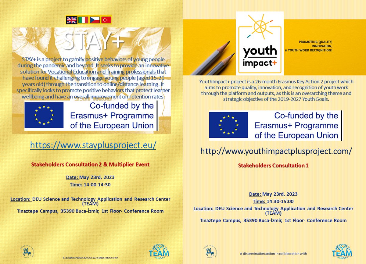AB Erasmus+ kapsamındaki "Stay+" ve "YouthImpact+" projeleri Paydaş Değerlendirmesi ve Çoğaltan Etkinlikleri 23 Mayıs 2023 Salı 14:00-15:00'da, Merkezimiz 1. Kat Toplantı salonunda gerçekleşecektir. Tüm araştırmacılarımız davetlidir. Toplantı Linki:us02web.zoom.us/j/83749175438?…