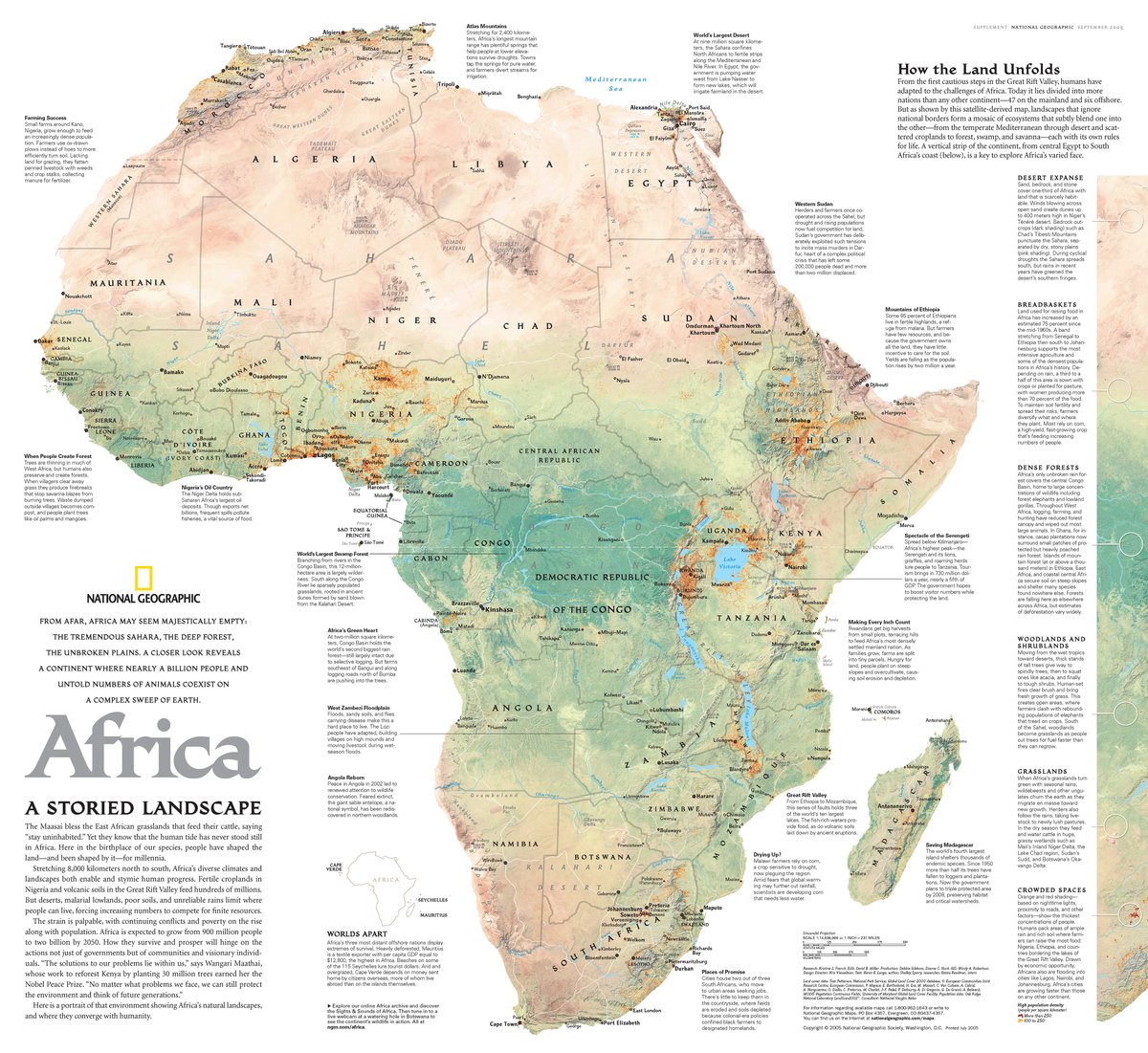 NatGeoMaps's tweet image. Published in Sept 2005 as half of a 2–map set with "Africa: The Human Footprint," this map illustrates the mosaic of ecosystems that subtly blend one into the other across the African continent—each with its own rules for life. 
on.natgeo.com/3Wuyc90 #Africa #Map #Cartography