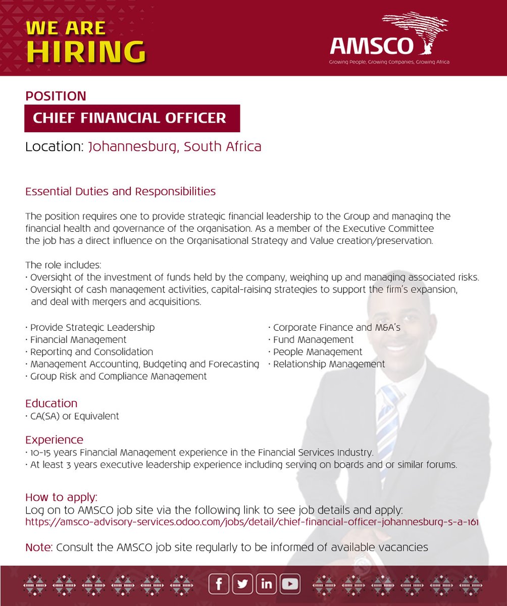 WE ARE HIRING 01 CHIEF FINANCIAL OFFICER in Johannesburg, South Africa.

Follow the link below to see details and apply :

amsco-advisory-services.odoo.com/jobs/detail/ch…

#AMSCO #Job #Emploi #Recruitment #Career #SouthAfrica #Johannesburg #Finance #CFO #ChiefFinancialOfficer