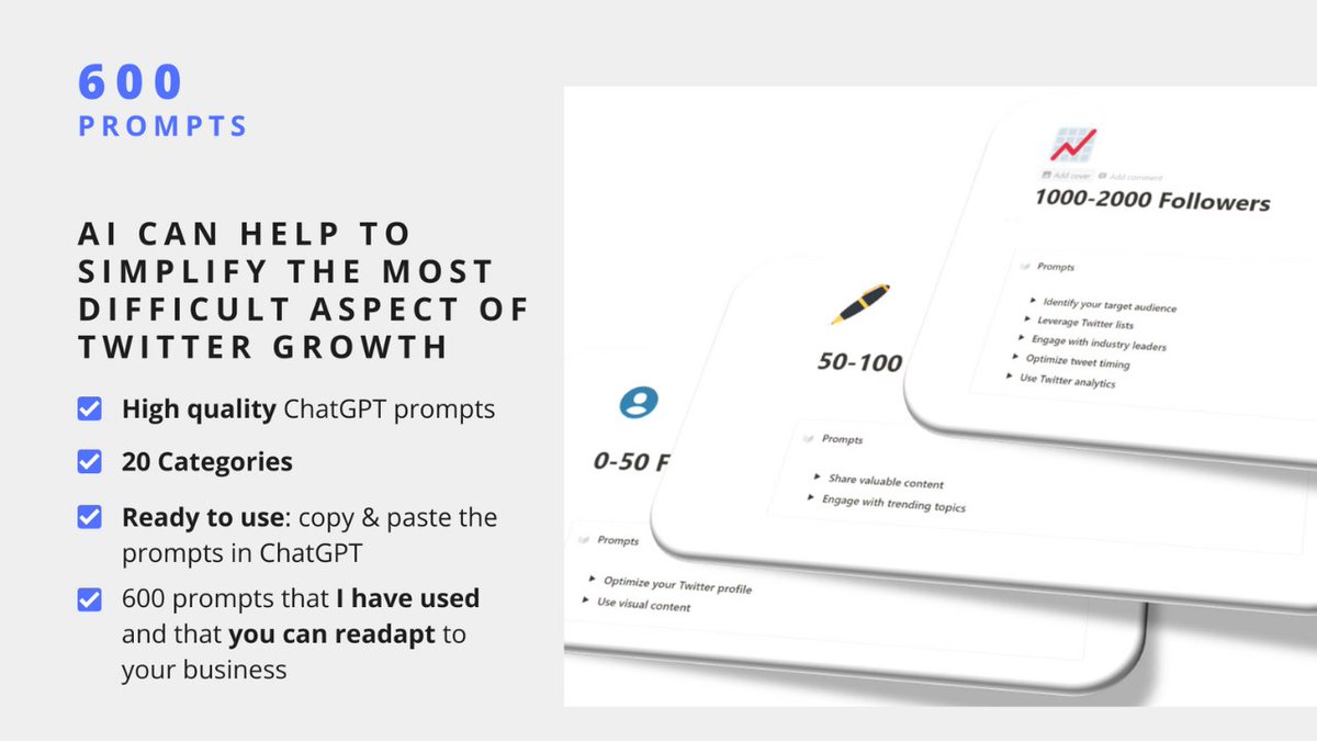 I went from 0 → 2000 Followers in 60 days

and I used, and a lot, ChatGPT.

That's why I created a guide with the prompts I used.

I'm giving it away for FREE for the next 24 hours

To get it:

.Follow me (so I can DM you) 
.RT this tweet 
.Comment '2000'