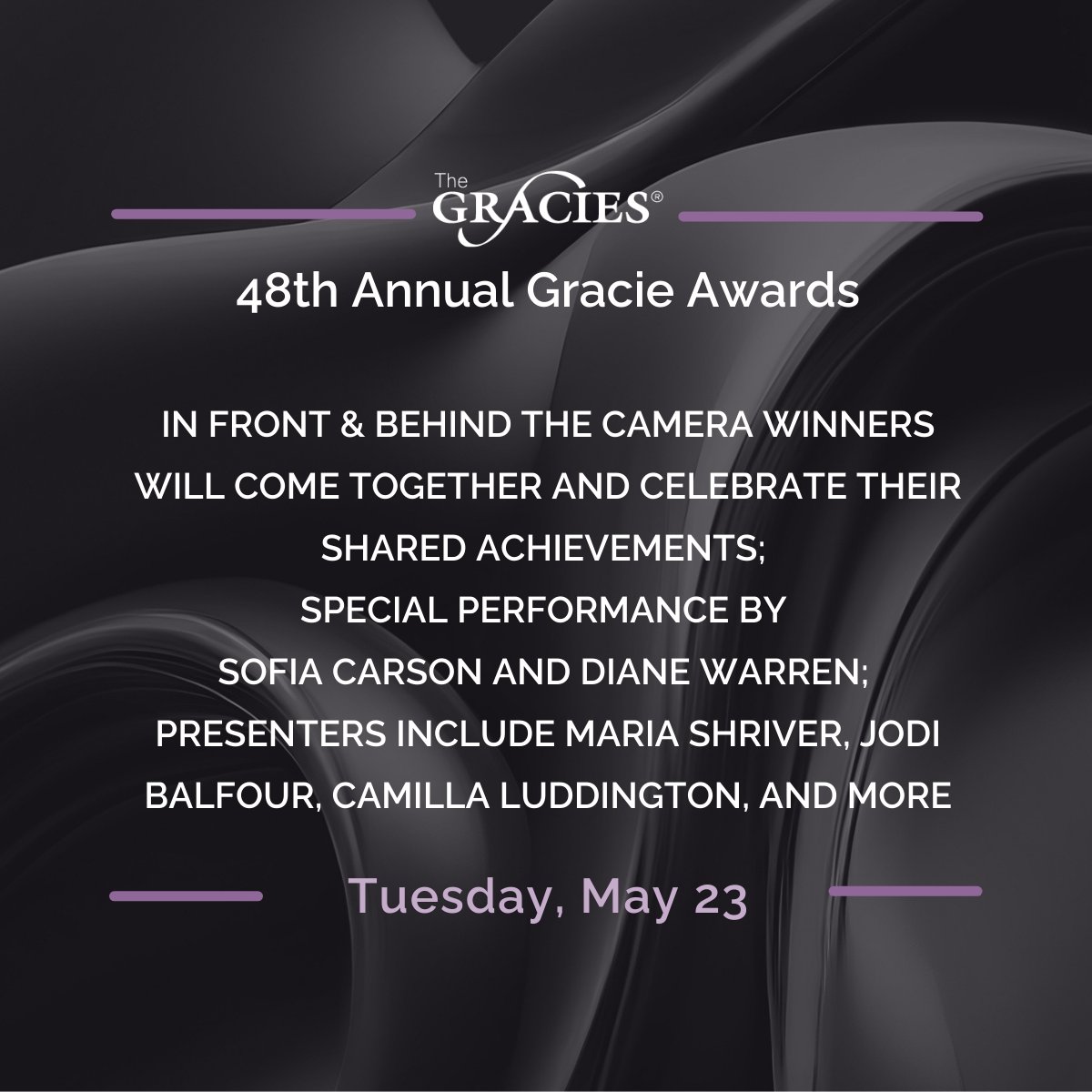 🎉 Tomorrow! 🎉
Tune-in right here and follow #TheGracies for behind-the-scenes, red carpet arrivals, performances and more as we celebrate and honor the extraordinary women storytellers from the last year. 

#tunein #gracieawards #allwomeninmedia