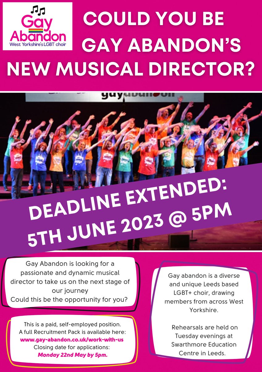 We have great news... The application to become our new Musical Director has been extended until the 5th of June! So if you're interested- get applying! gay-abandon.co.uk/www.gay-abando… 🎶 #CommunityChoir #LGBT