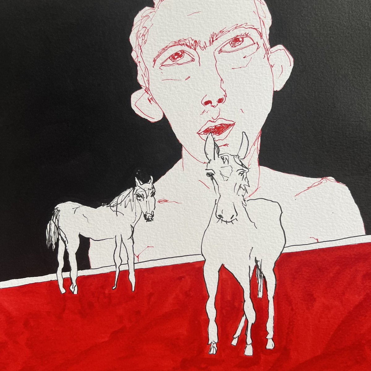 Self Portrait as Saint Sebastian with Wild Horses …… inks on paper …. #casteldisangro