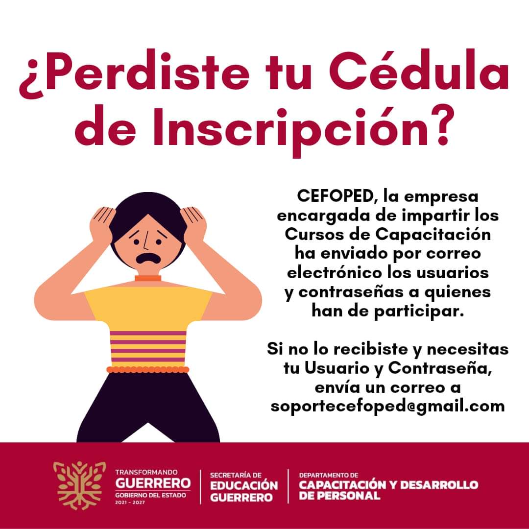 EducGuerrero's tweet photo. 💻📝#Entérate| Hoy inician los cursos en línea para personal #PAAEB que participa en la 15a etapa de carrera administrativa.
Si por algún motivo perdiste tu cédula de inscripción y no puedes ingresar a la plataforma del #CEFOPED, aquí te decimos cómo solucionarlo. 👇👇 https://t.co/voHG8fA72p
