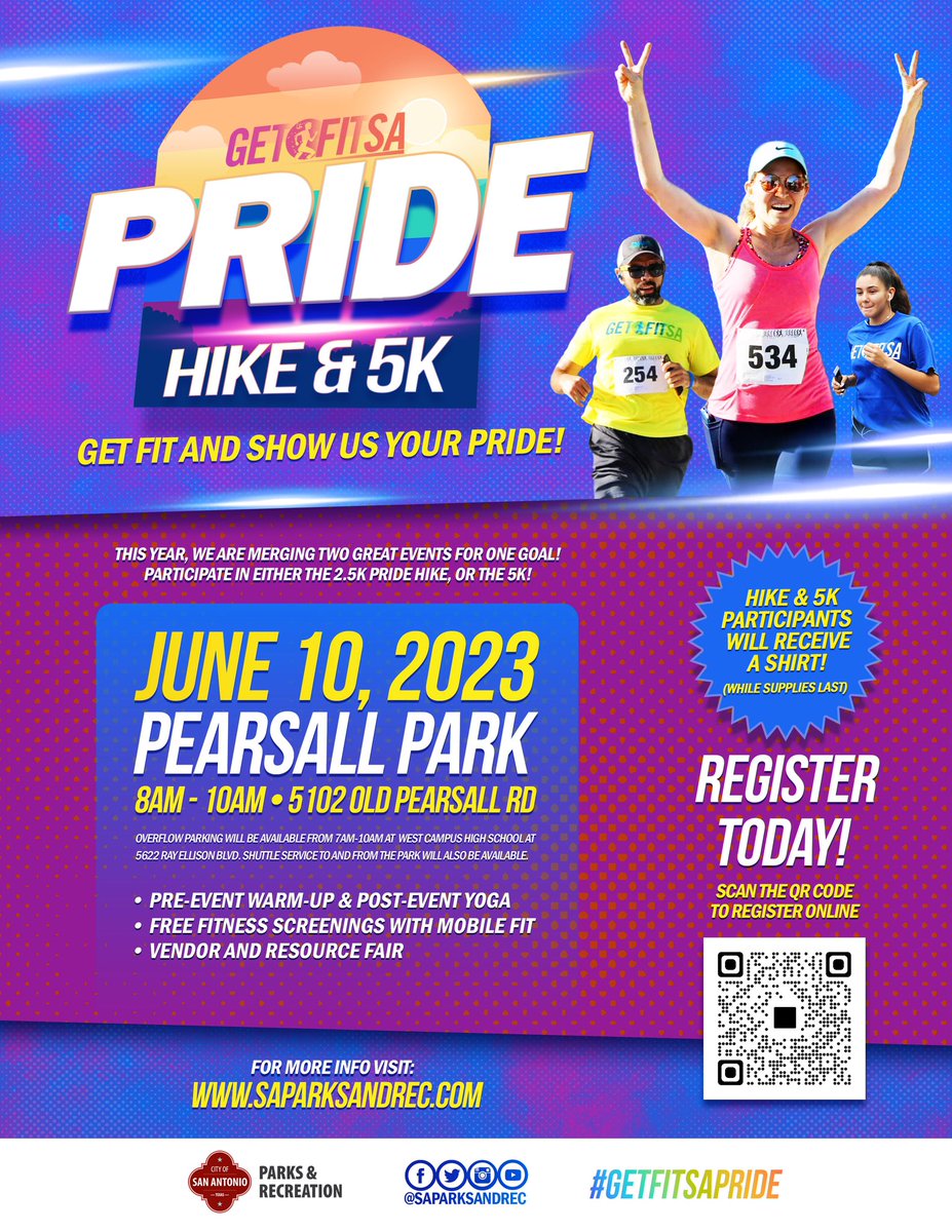 🎉 Registration is OPEN!!🏃‍♀️🏃‍♂️
SA, get ready to join us for an exciting event that features ✌️ AMAZING events merged into ☝️! We are celebrating LOVE in a BIG way with a FREE #GetFitSA PRIDE HIKE &amp; 5K!! 🌈🥳🥾

GETFIT &amp; show us your pride!
REGISTER HERE! ⬇️
runsignup.com/getfitsaprideh…