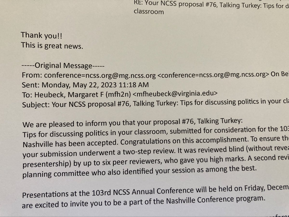 megheubeck's tweet photo. Good news!!! My workshop on #TalkingTurkey was selected for #NCSS2023!!! https://t.co/ySsKk1R76t