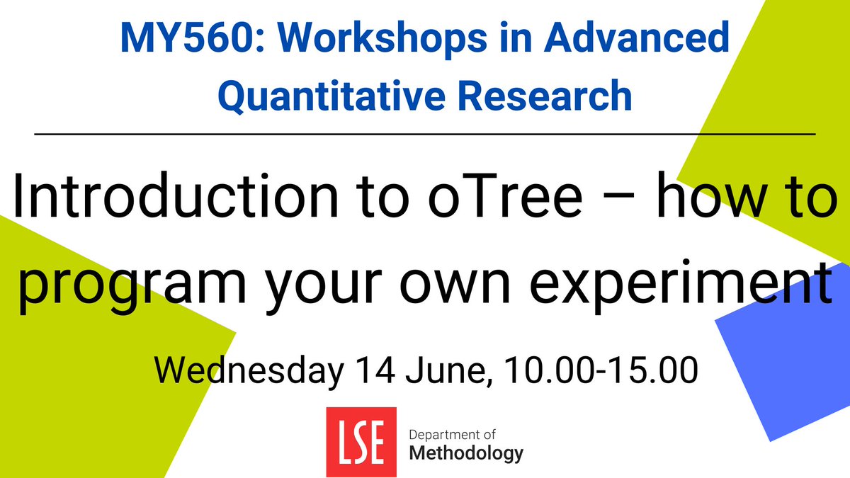 Register for the final #MY560 workshop of the year with <a href="/martina_testori/">Martina Testori</a>!

This workshop aims to introduce students and researchers to oTree, a leading open-source framework to conduct experiments in the social sciences.

📅 Wednesday 14 June 
📝 bit.ly/3o37Qe4