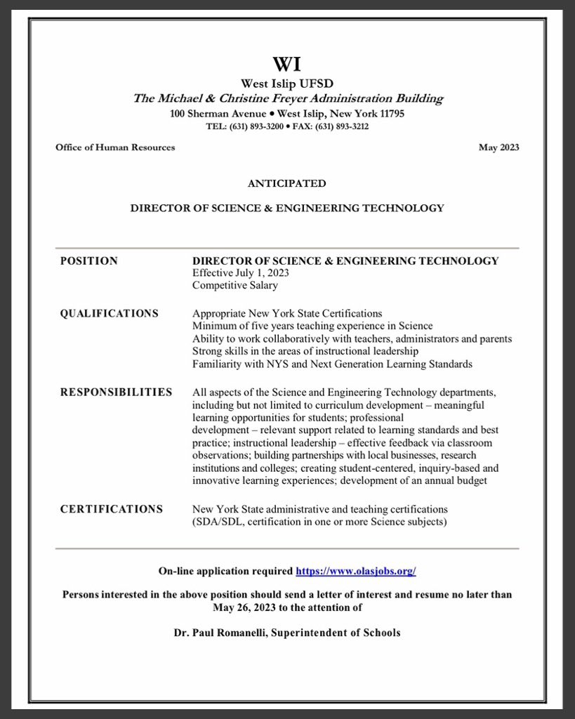 <a href="/EdCampLI/">Ed CampLI</a> <a href="/assetny/">ASSET</a> <a href="/LISTEMHub/">Long Island STEM Hub</a> <a href="/LISTEMELA/">LI STEM Education</a> As my professional journey is taking me to Seaford schools, West Islip seeks to fill my position. This is an AMAZING place to work. I encourage passionate, innovative, &amp; supportive STEM leaders to apply.