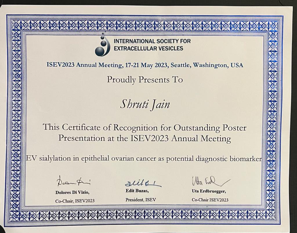 shruti_j_'s tweet photo. Had a wonderful experience at my first #ISEV2023 conference! Winning the outstanding poster presentation award is a cherry on top!
@IsevOrg 
@InFLAMES_Health @Leivolab 
@UniTurku https://t.co/20kRwOzMto