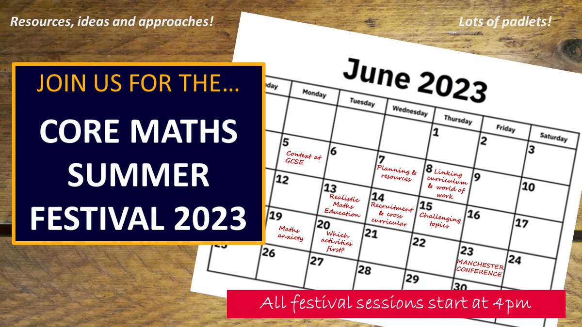 We have lots of great sessions coming up in June 
🌟using context to engage #GCSE and #GCSEresit students
🌟linking maths curriculum to world of work
🌟realistic maths education
🌟preparing to teach #CoreMaths in September and more!
Join us: bit.ly/40B9AMC
#mathscpdchat