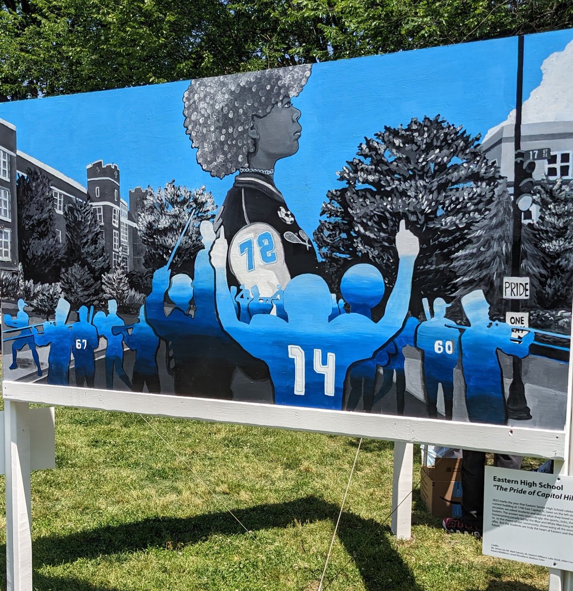 EasternHS's tweet photo. Eastern's Mural Club: Laila Hood, Julian Curry, &amp; Keyara Middleton sponsored by Ms. Lee,  participated in DCPS community Arts Day "Transform DC" and showcased their mural "Pride of Capitol Hill". The mural will be on display outside of the National Building Museum through Sept. https://t.co/LCp8QVwoa1