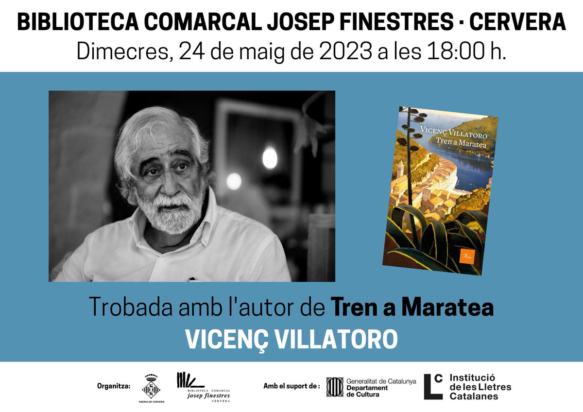 Aquest dimecres ens visita Vicenç Villatoro per conversar amb els clubs de lectura de narrativa de "Tren a Maratea" <a href="/bibliotequescat/">Biblioteques</a> <a href="/lletres/">Lletres catalanes</a> <a href="/Grup62/">Grup62</a> <a href="/paeriacervera/">Paeria de Cervera</a> <a href="/ccsegarra/">Consell Comarcal de la Segarra</a>