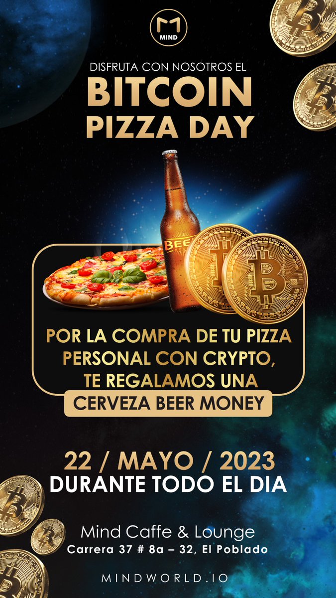 MindcaffeLounge's tweet photo. Este 22 de mayo se celebra el día del Bitcoin, una jornada que conmemora la primera compra de un bien pagado con 10,000 BTC. ¡Ven y vive una experiencia gastronómica que combina lo mejor de la tecnología y el sabor! 🍕

#BitcoinPizzaDay #DíadelBitcoin #Crypto #Pizza #Bitcoin #BTC https://t.co/9JkwaRdI0d
